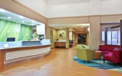 Lobby with curved front desk, green accent wall, wood flooring, and colorful lounge seating area at Marriott SpringHill Suites Naperville/Warrenville.