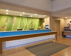 Front desk area with textured counter, green nature mural backdrop, and beverage station to the side at Marriott SpringHill Suites Naperville/Warrenville.