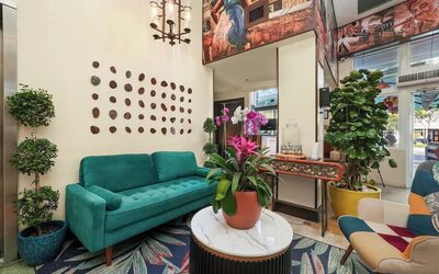 Cozy lobby with green sofa, colorful chairs, patterned rug, plants, and decorative wall art at Hotel Chelsea, A South Beach Group Hotel.