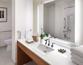 Accessible bathroom with wide vanity, grab bars, walk-in shower, and bright lighting at The Ambrose Hotel Santa Monica.
