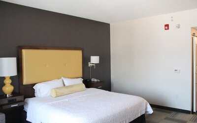Bright guest room with king bed, accent wall, bedside lighting, and minimalist layout at Hampton Inn & Suites Los Angeles / Hollywood.