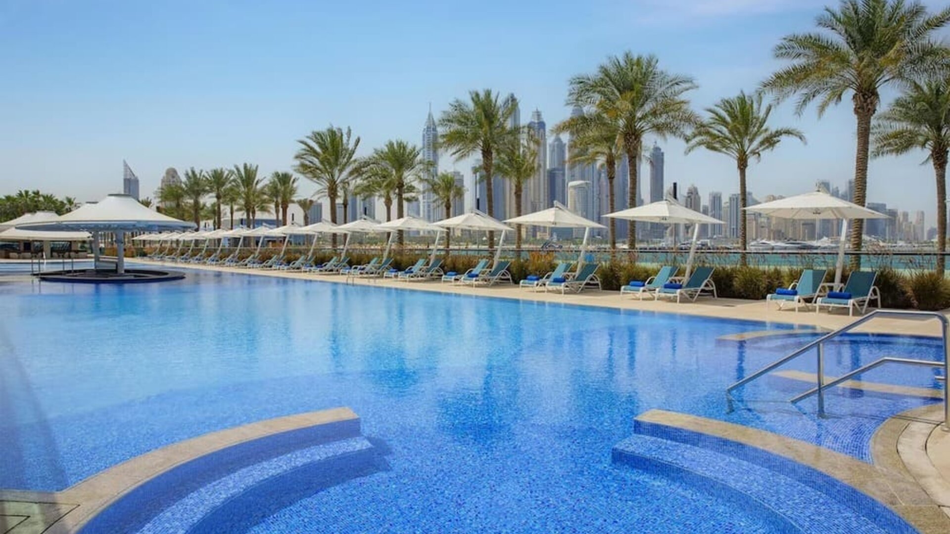 Outdoor pool with curved steps, palm trees, and rows of loungers and umbrellas along the deck