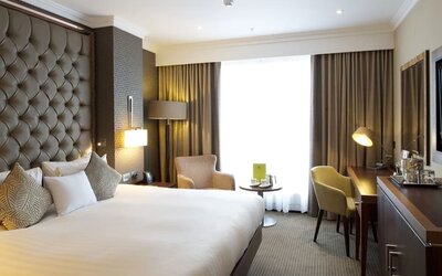 Spacious king room with large bed, padded headboard, desk, and seating area by tall window with dark curtains