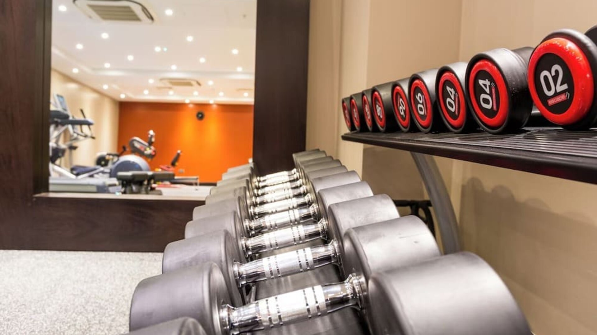 Fitness center with free weights, mirrored wall, and cardio machines in the background
