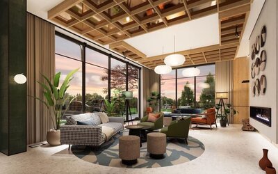 Contemporary hotel lounge with armchairs, wood-paneled walls, pendant lighting, and snack display