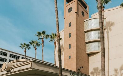 Daytime exterior entrance with tall palm trees and covered driveway at Courtyard By Marriott Los Angeles LAX/Century Boulevard.