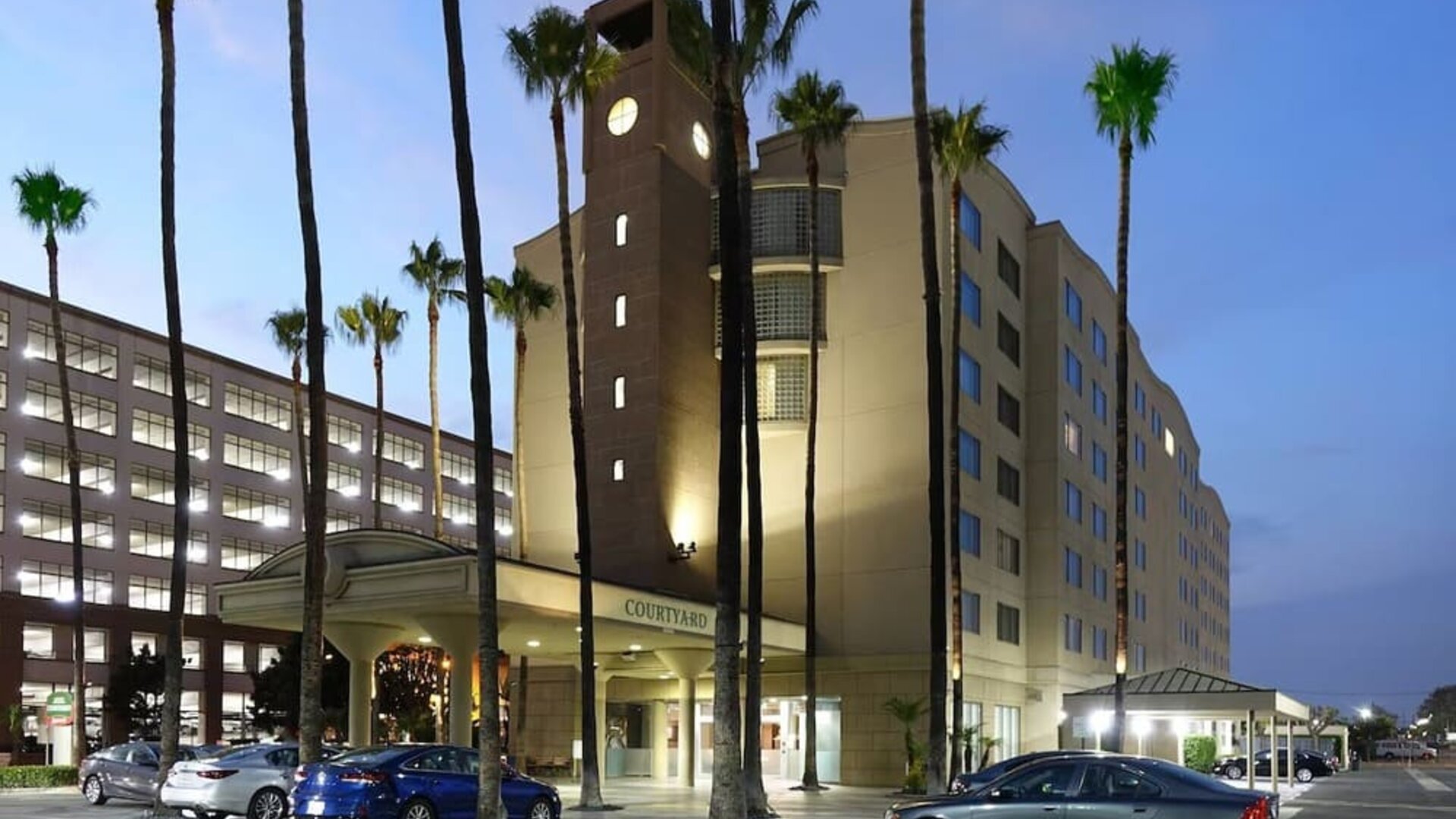 Evening exterior view of the hotel with palm trees, covered entrance, and illuminated façade at Courtyard By Marriott Los Angeles LAX/Century Boulevard.