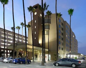 Evening exterior view of the hotel with palm trees, covered entrance, and illuminated façade at Courtyard By Marriott Los Angeles LAX/Century Boulevard.
