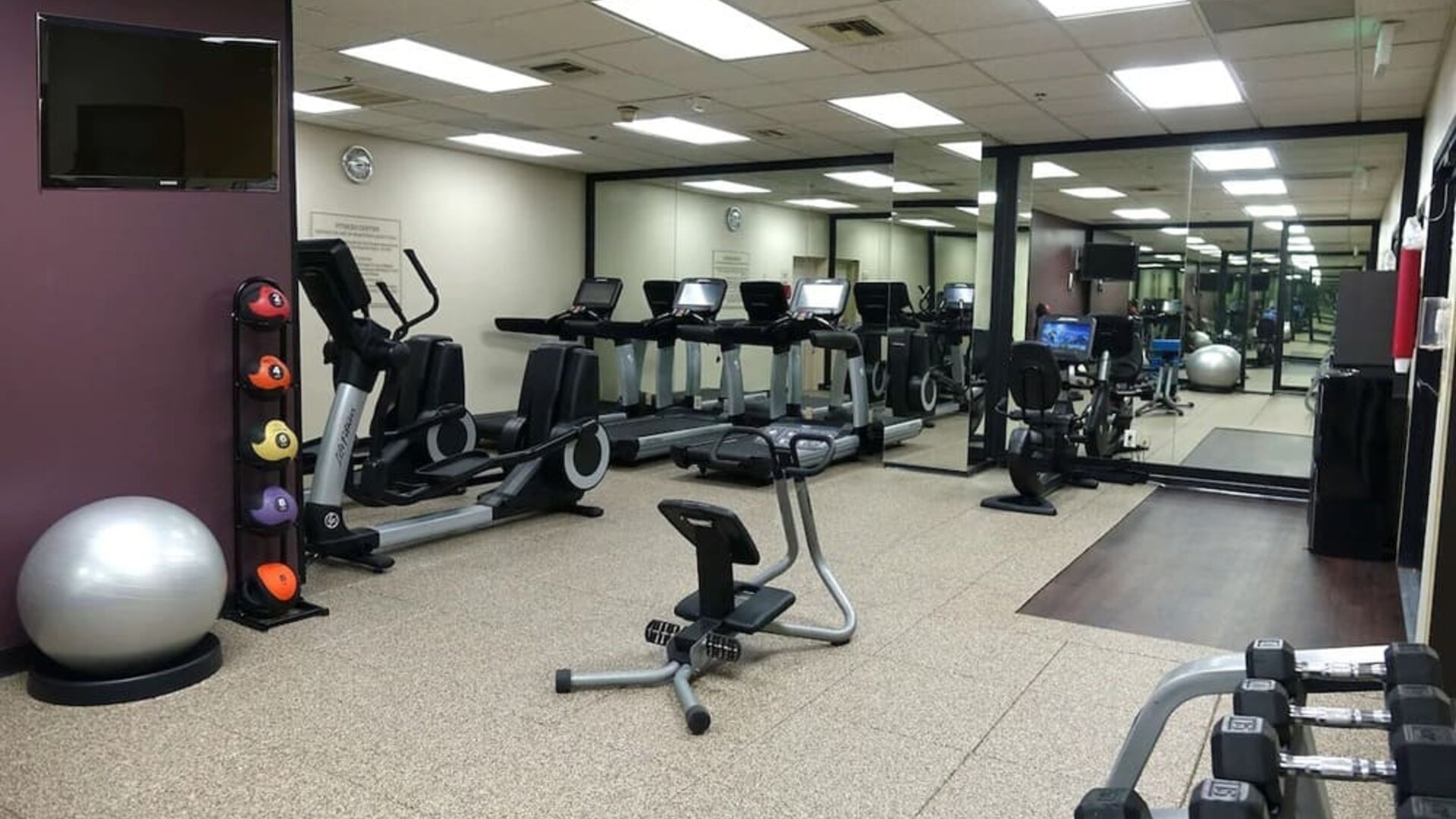 Fitness center with treadmills, cardio equipment, free weights, and mirrored walls at Embassy Suites By Hilton LAX Airport North.
