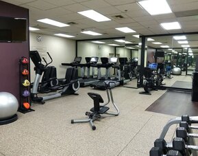 Fitness center with treadmills, cardio equipment, free weights, and mirrored walls at Embassy Suites By Hilton LAX Airport North.