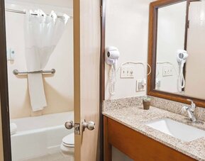 Bathroom with granite vanity, large mirror, bathtub shower combo, and mounted hair dryer at The Hills Inn Eagle Rock.