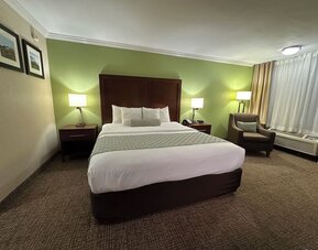 King bedroom with green accent wall, bedside lamps, armchair, and carpeted floors at The Hills Inn Eagle Rock.