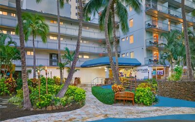 Tropical exterior entrance surrounded by palm trees at Courtyard Waikiki Beach.