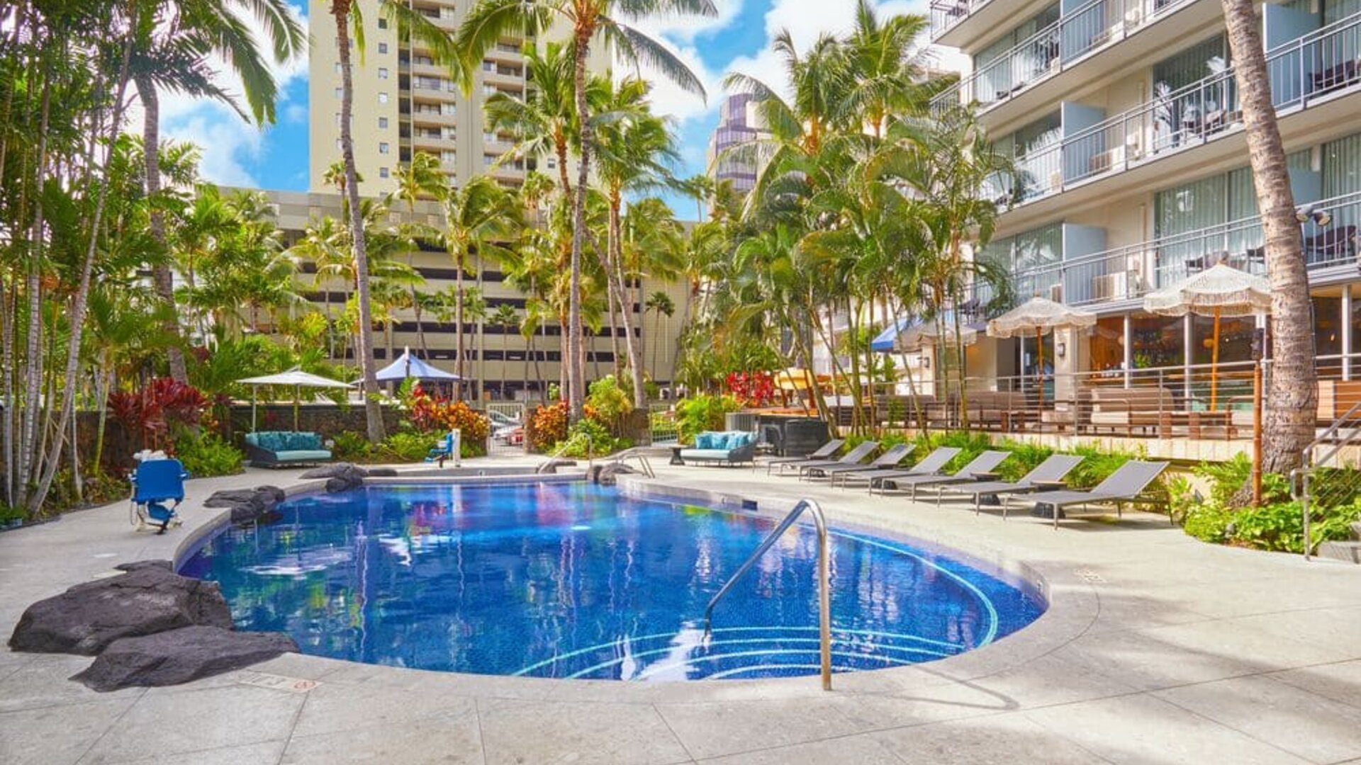 Outdoor swimming pool surrounded by palm trees at Courtyard Waikiki Beach.