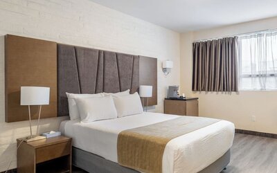 Contemporary king guest room with soft lighting and spacious layout at Hotel Montreal Metropolitan, An Ascend Collection Hotel.