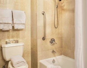 Accessible bathroom with bathtub, grab bars, and modern fixtures at Courtyard By Marriott New York JFK Airport.