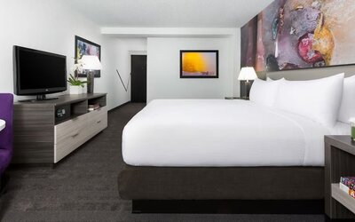 Spacious king guest room with modern furnishings and abstract artwork at Hotel Studio Allston.
