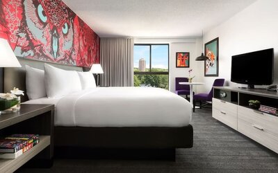 Contemporary guest room with large bed, modern décor, and scenic views at Hotel Studio Allston.