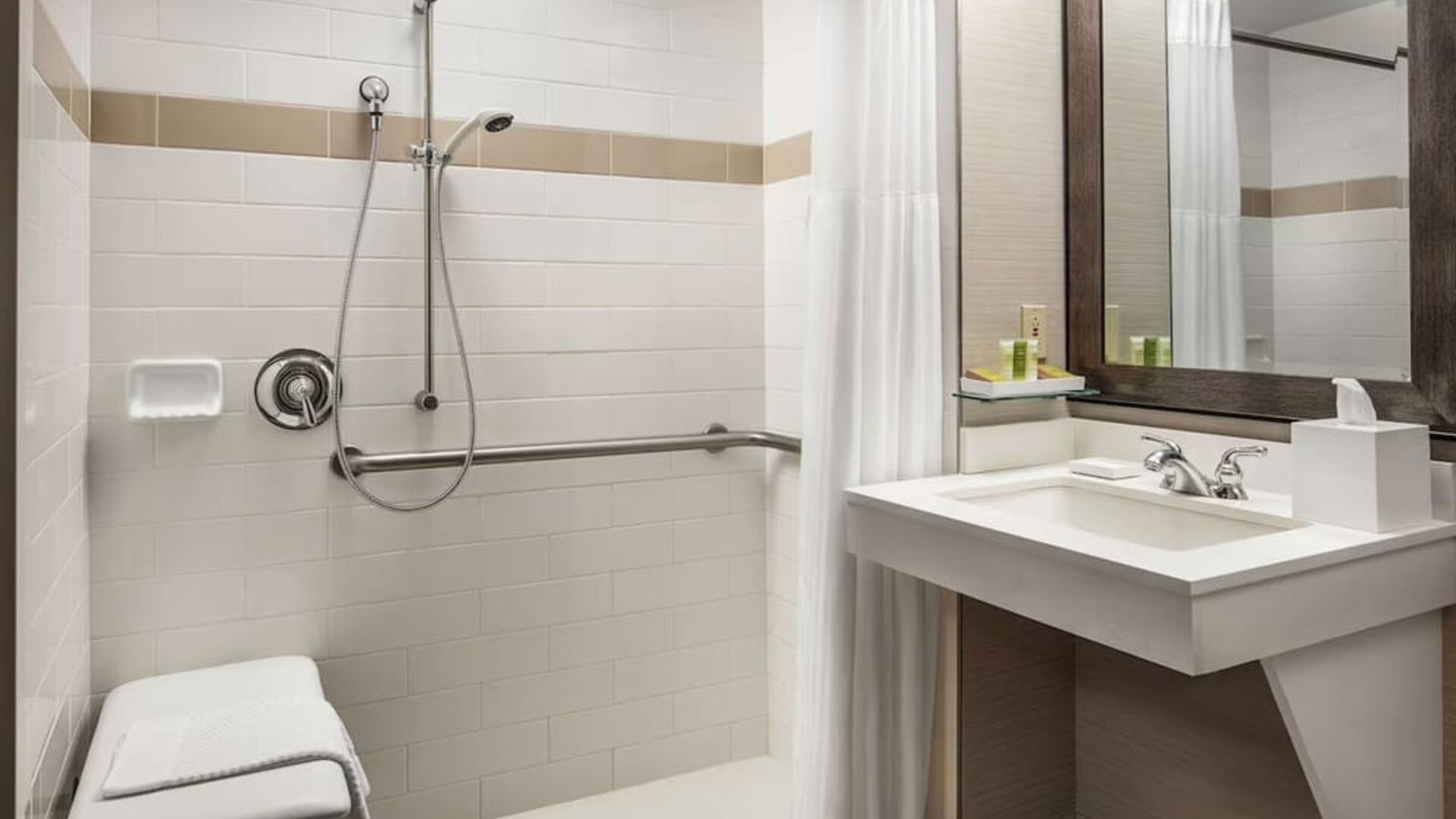 Accessible bathroom with roll-in shower, grab bars, shower seat, and vanity sink at Hilton Boston Logan Airport.