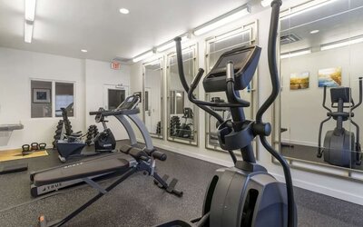 Well-equipped hotel gym with elliptical machines, treadmill, free weights, and mirrored workout space at Comfort Inn & Suites Port Charlotte-Punta Gorda.