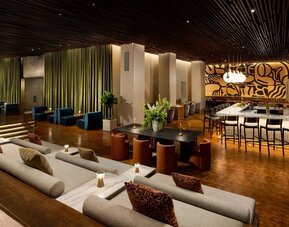 Spacious lobby seating area with upscale lounge furniture and stylish contemporary interiors at Row NYC.