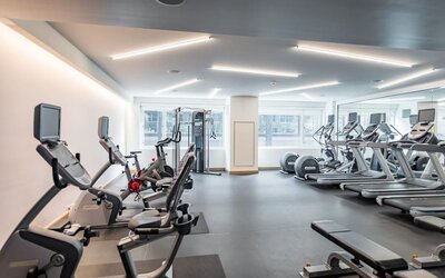 Bright and spacious fitness center equipped with cardio machines, free weights, and modern workout facilities at The Envoy Hotel, Autograph Collection.