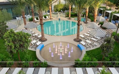 Elevated view of the hotel's outdoor pool complex featuring palm-lined surroundings, lounge areas, and decorative water features.