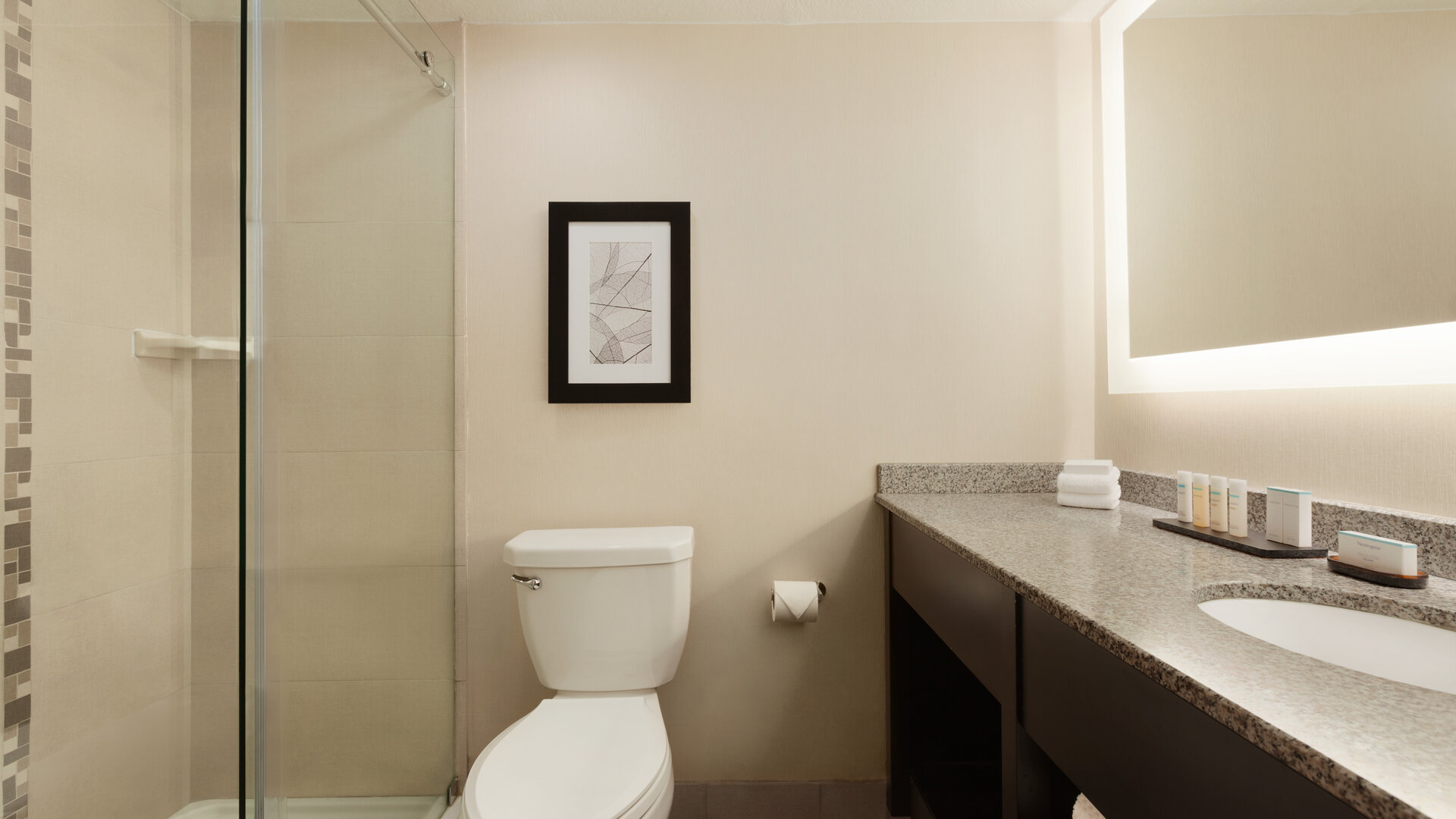 Guest bathroom with shower at Embassy Suites By Hilton Arcadia.
