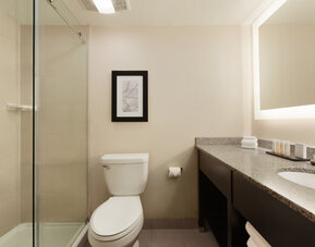Guest bathroom with shower at Embassy Suites By Hilton Arcadia.