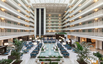 Hotel atrium perfect for coworking at Embassy Suites By Hilton Brea North Orange County.