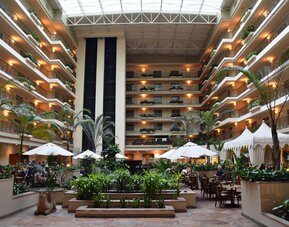 Hotel atrium perfect for coworking at Embassy Suites By Hilton Brea North Orange County.