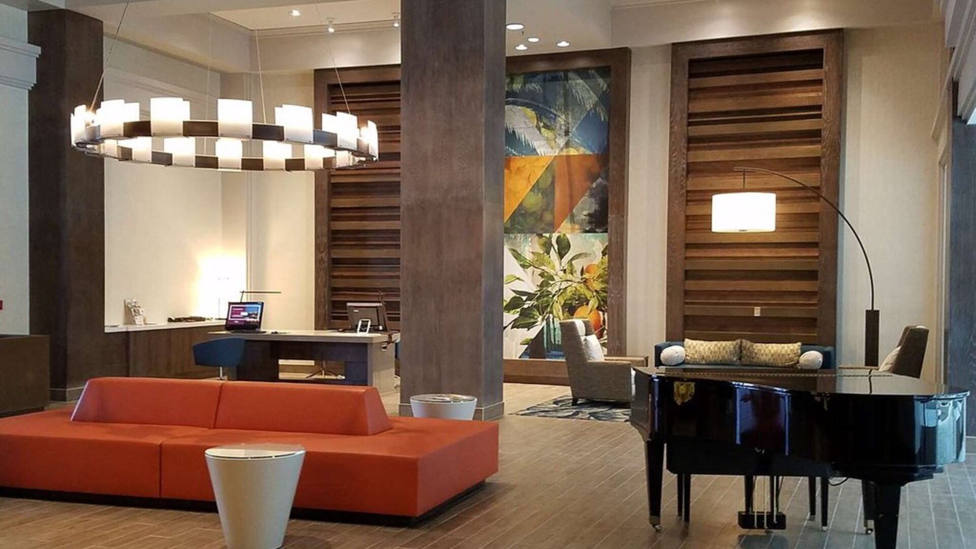 Lobby and coworking lounge at Embassy Suites By Hilton Brea North Orange County.