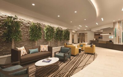 Lobby and coworking lounge at Hyatt Place West End Georgetown.