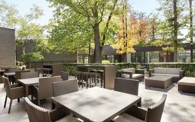 Beautiful workspace with plants and comfortable seating at the Double Tree Toronto Airport West.