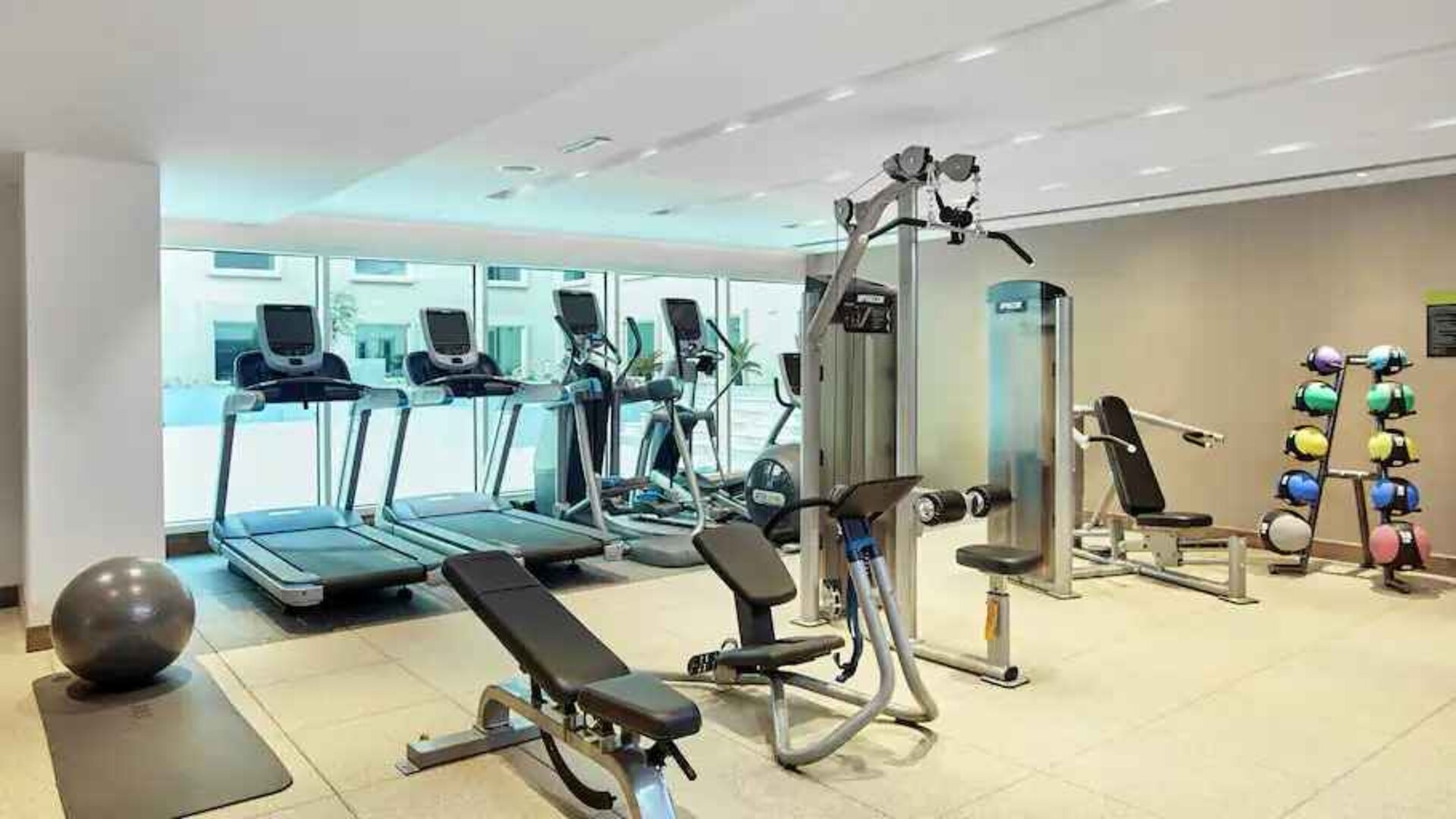 Fully equipped fitness center at the Hilton Garden Inn Dubai Mall of the Emirates.