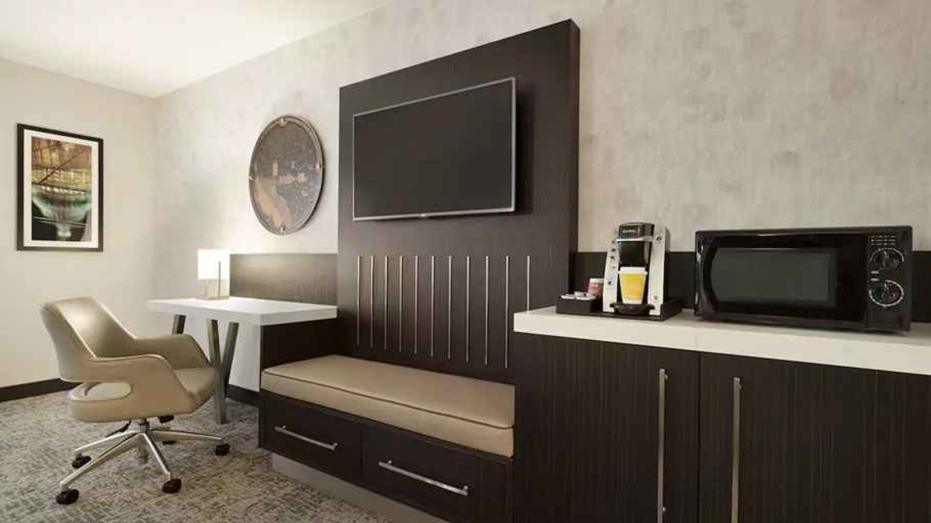 Work desk inside day use room at Hilton Garden Inn Washington DC Downtown.