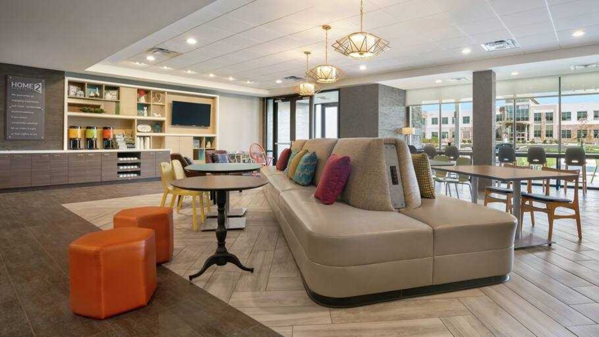 Stylish lobby area perfect as working space at the Home2 Suites by Hilton Warminster Horsham.