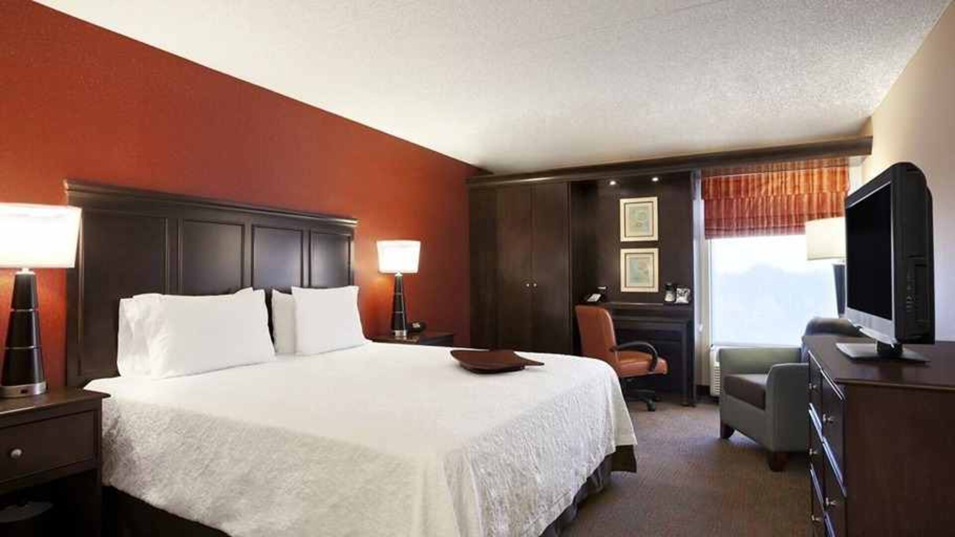Luxury king bedroom with work desk and TV at Hampton Inn Chicago-Midway Airport.