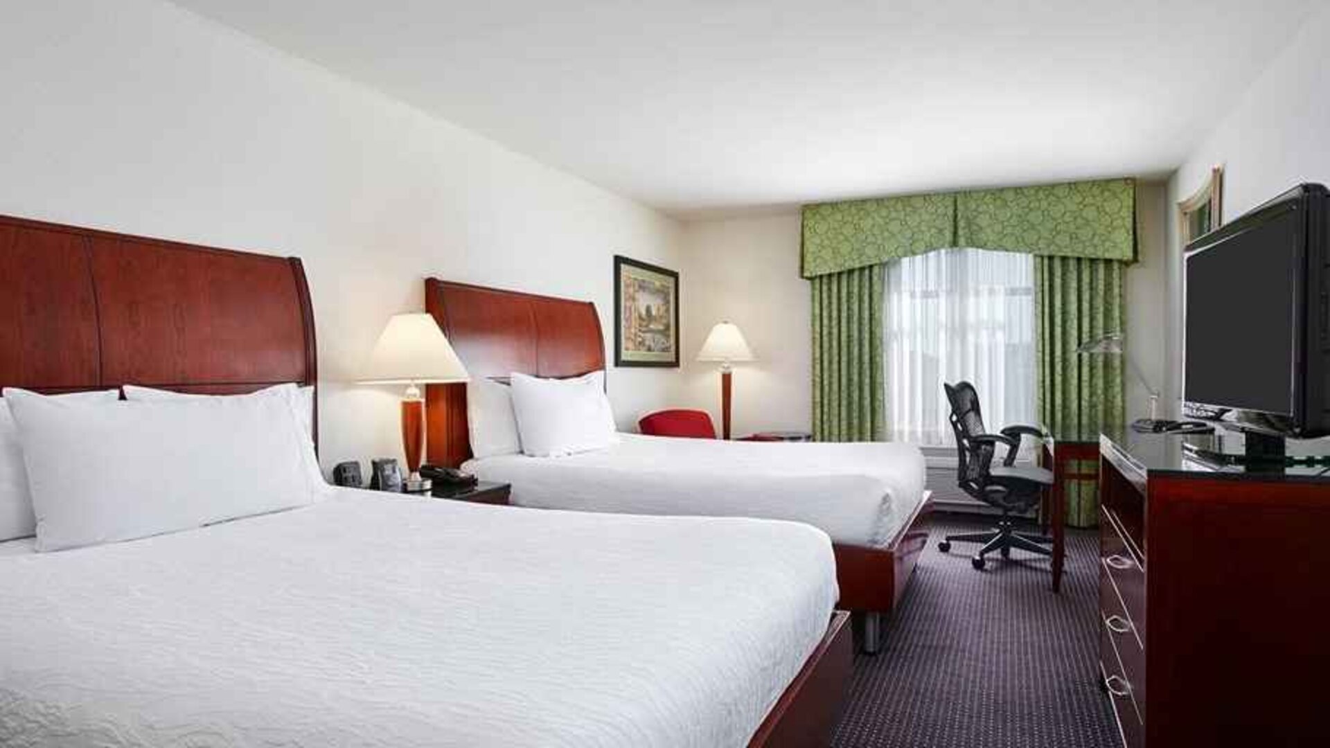 luxurious queen room with TV and work area at Hilton Garden Inn Rockville-Gaithersburg.