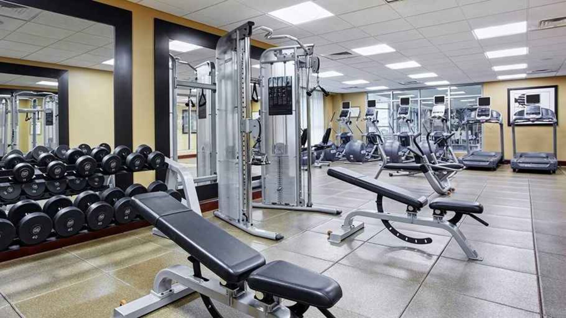 fully equipped fitness center at Hilton Garden Inn Rockville-Gaithersburg.