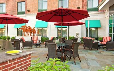 lovely outdoor garden patio for relaxing or coworking at Homewood Suites by Hilton Rockville-Gaithersburg.