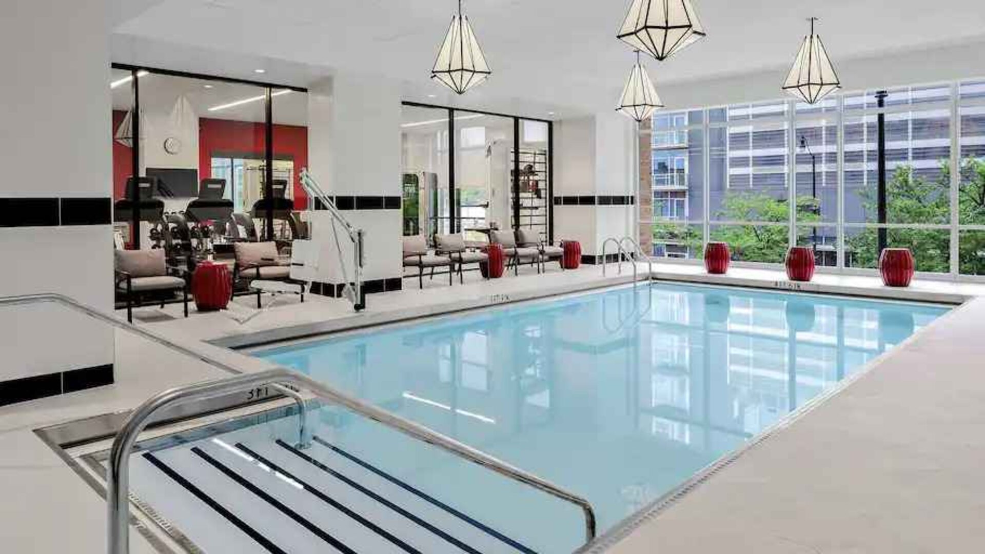 Relaxing indoor pool by the gym at the Hilton Garden Inn Chicago McCormick Place.