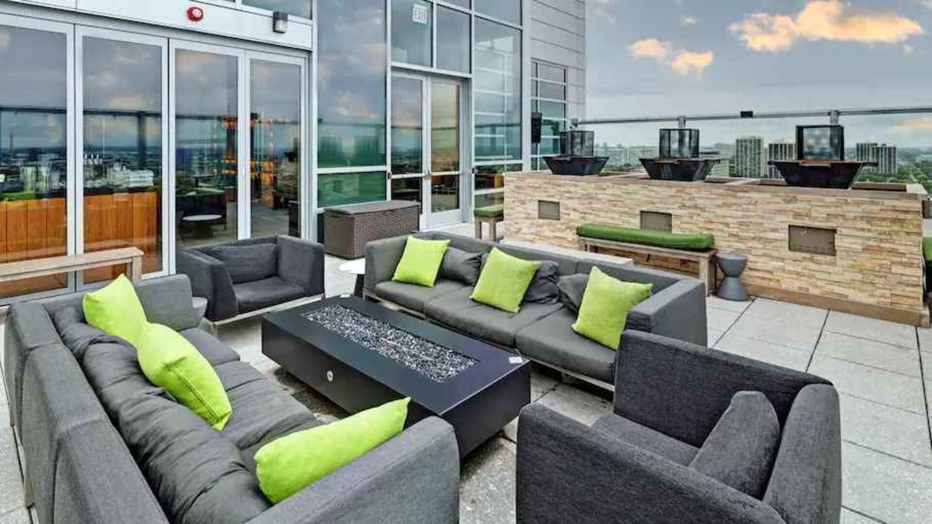 Outdoor terrace with lounges perfect as workspace at the Hilton Garden Inn Chicago McCormick Place
