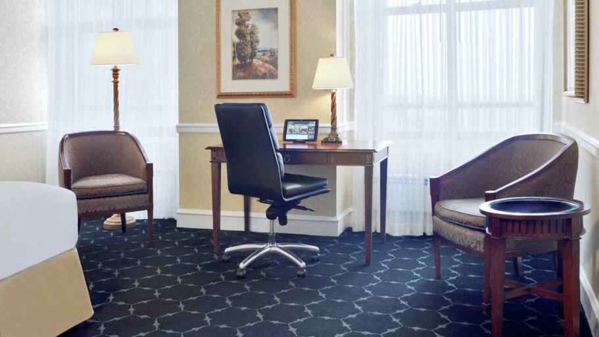 Comfortable working station in a king hotel room at The Drake.