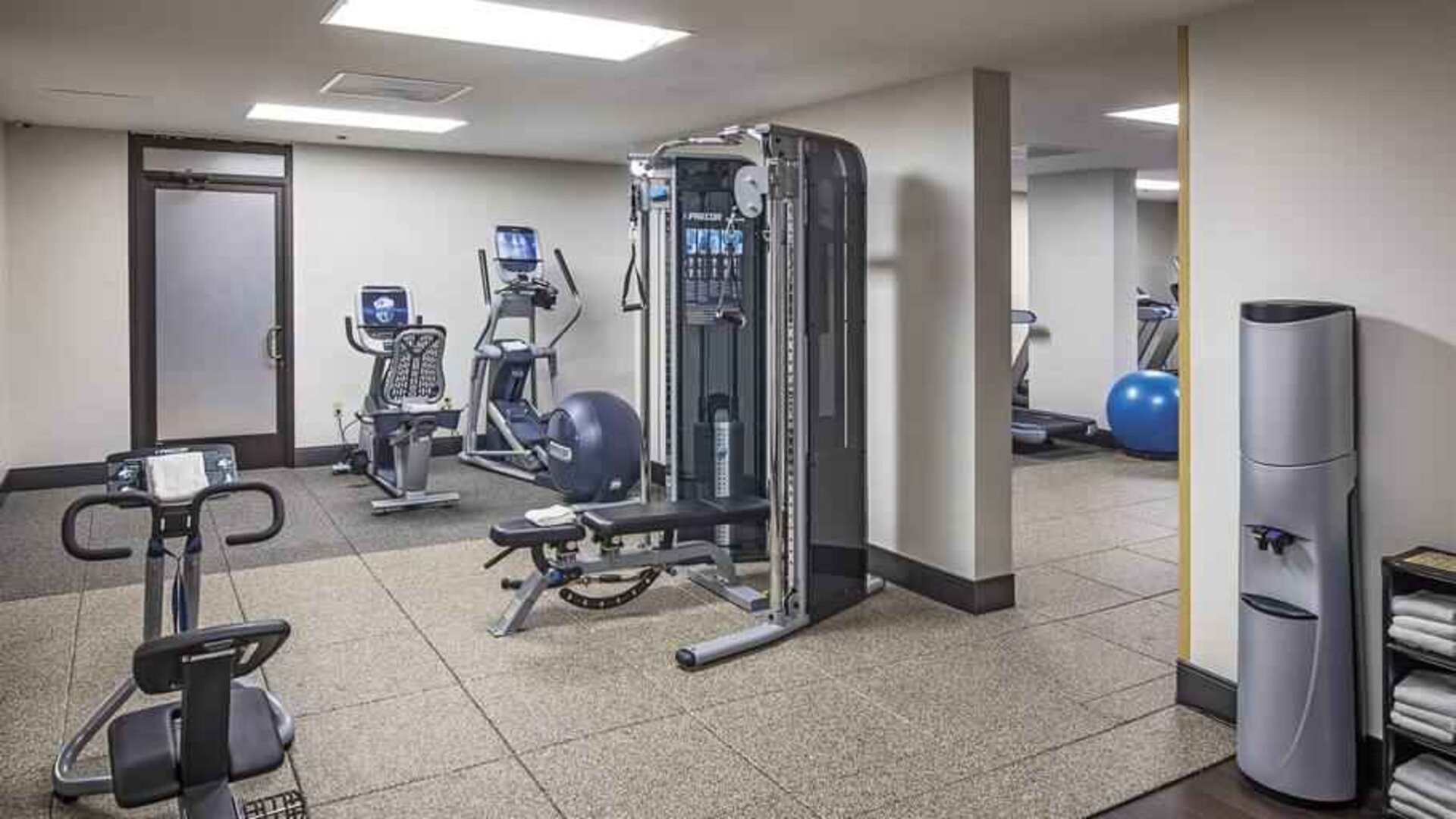 Fully equipped fitness center at the Hilton Sacramento-Arden West.