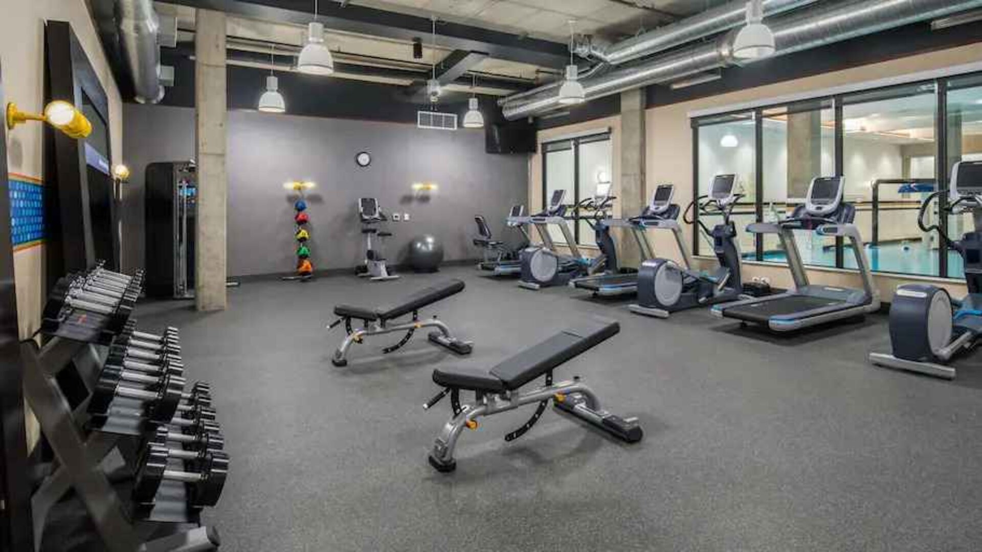 Fully equipped fitness center at the Hampton Inn & Suites by Hilton Portland-Pearl District.