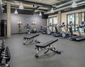 Fully equipped fitness center at the Hampton Inn & Suites by Hilton Portland-Pearl District.