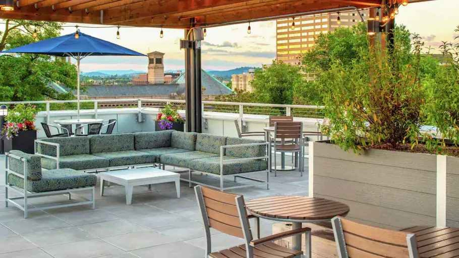 Beautiful workspace in a rooftop patio at the Hampton Inn & Suites by Hilton Portland-Pearl District.
