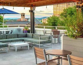 Beautiful workspace in a rooftop patio at the Hampton Inn & Suites by Hilton Portland-Pearl District.