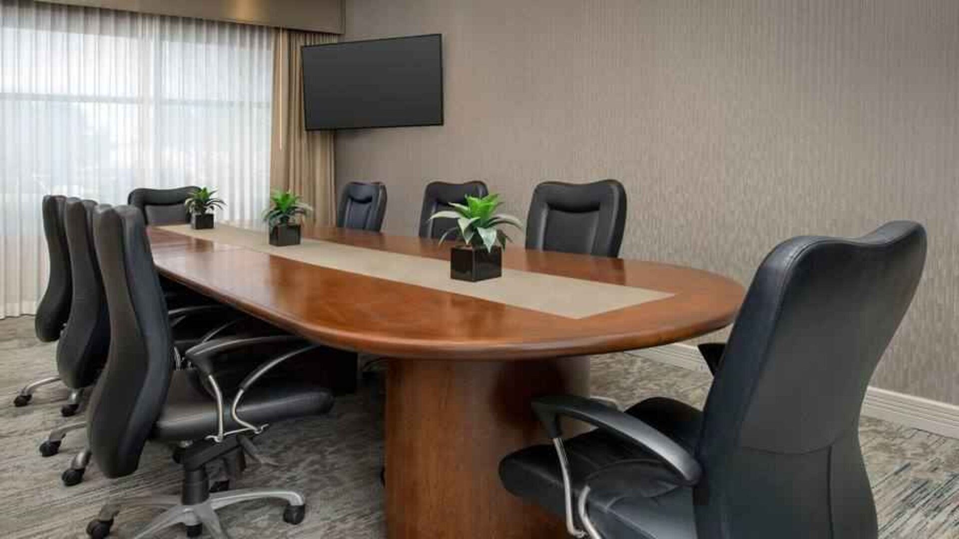 Meeting room with window and TV screen at the Hilton Garden Inn Dallas/Duncanville.